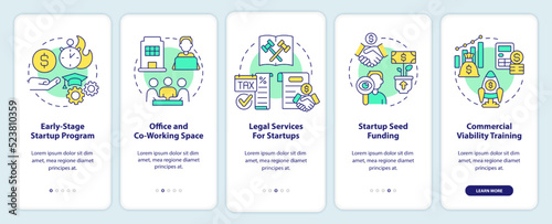 Startup programs onboarding mobile app screen. Legal services walkthrough 5 steps editable graphic instructions with linear concepts. UI, UX, GUI template. Myriad Pro-Bold, Regular fonts used