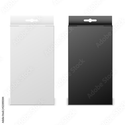 White and black realistic boxes on transparent background.  Mock up packaging boxes with hang tab.