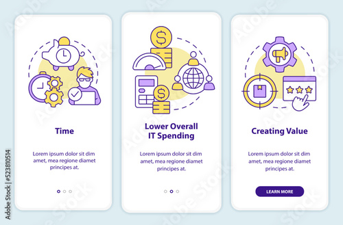 Startup consulting fields onboarding mobile app screen. Creating value walkthrough 3 steps editable graphic instructions with linear concepts. UI, UX, GUI template. Myriad Pro-Bold, Regular fonts used
