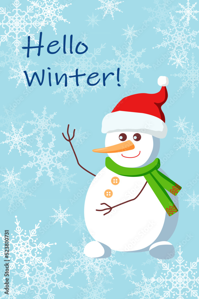 Greeting card with cute snowman on the light background. Copy space. Vector illustration.