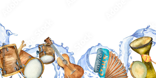Photography Banner of folk musical instruments watercolor illustration isolated