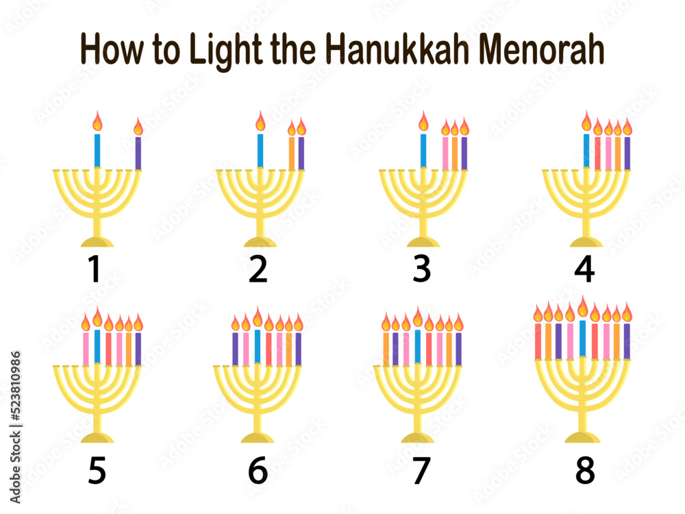 Fototapeta premium Happy Hunukkah How to light the Menorah instruction isolated on white background Golden candlestick with bright colorful candles Vector illustration in flat style for apps, web, childish books