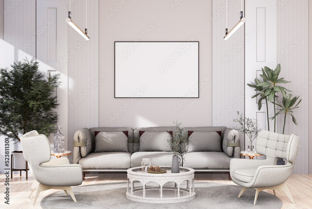Fototapeta premium mock up poster frame in modern interior fully furnished rooms background, living room,