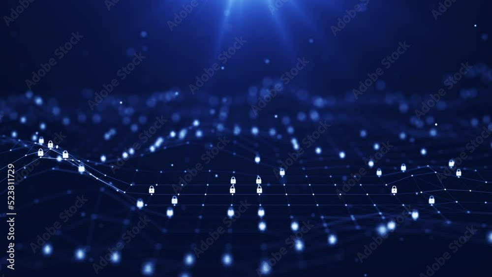 Polygons are connect with lines and dots. There is a padlock icon on top with a dark blue background. Abstract background cybersecurity technology concept. Polygons are connect with lines and dots. There is a padlock icon on top with a dark blue background. Abstract background cybersecurity technology concept.
