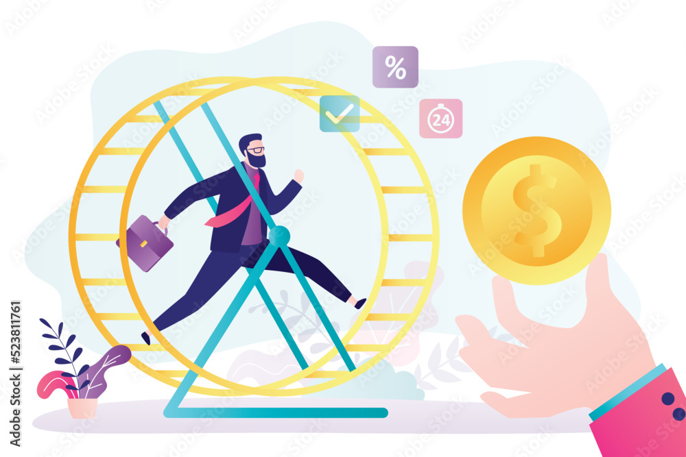 Corporate slavery, male worker runs in wheel, big hand of the boss holds gold coin. Overworked employee, burnout. Difficult career climb. Salary, reward. Corporate slavery, male worker runs in wheel, big hand of the boss holds gold coin. Overworked employee, burnout. Difficult career climb. Salary, reward.