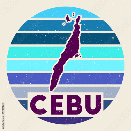 Cebu logo. Sign with the map of island and colored stripes, vector illustration. Can be used as insignia, logotype, label, sticker or badge of the Cebu.