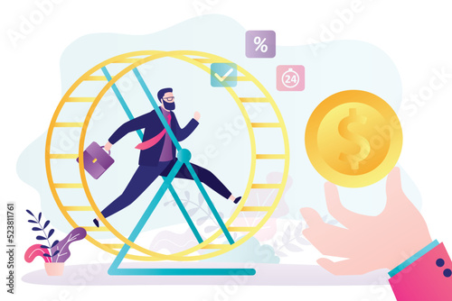 Corporate slavery, male worker runs in wheel, big hand of the boss holds gold coin. Overworked employee, burnout. Difficult career climb. Salary, reward.