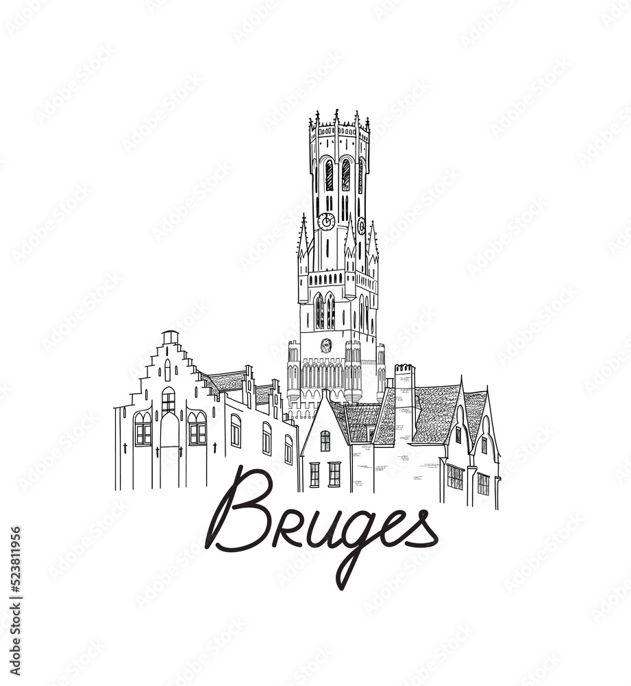 Bruges city skyline, Belgium. Beautiful Brugge city tower travel landmark line drawing. Street cityscape. World tourism poster. Vector illustration of european Medieval architecture white background