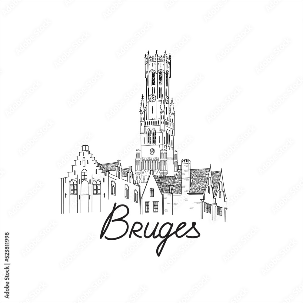 Bruges city skyline, Belgium. Beautiful Brugge city tower travel landmark line drawing. Street cityscape. World tourism poster. Vector illustration of european Medieval architecture white background