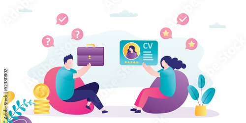 Job interview. People are talking, discussing terms of employment. Woman job seeker holds resume, man boss gives briefcase. Recruitment, concept. Negotiation between business people.