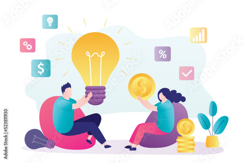 Business people are sitting and talking. Negotiations between business woman investor and an innovator man giving new idea. Getting investments for new profitable project.