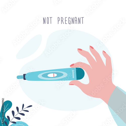 Large female hand holds a pregnancy test. Negative result, the woman is not pregnant. Medical concept, possible infertility. Banner for medical clinics or print.