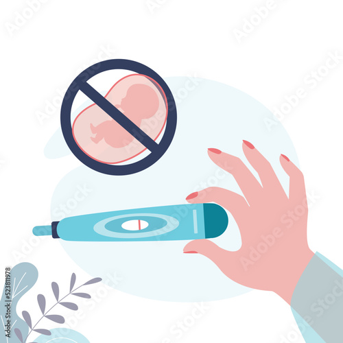 Giant female hand holds a pregnancy test. Negative result, the woman is not pregnant. Medical technology concept, possible infertility. Human embryo in warning sign.