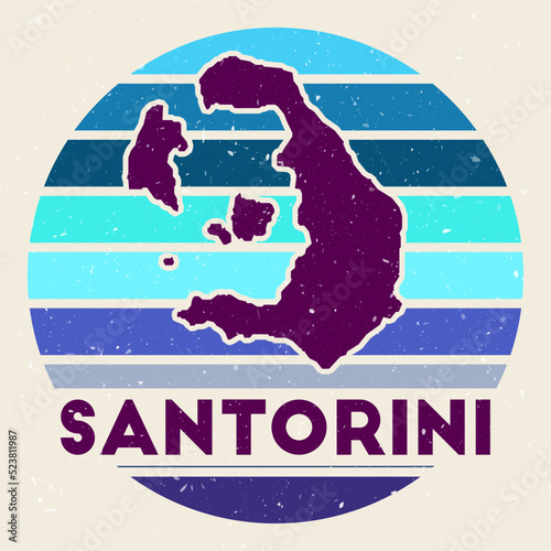 Santorini logo. Sign with the map of island and colored stripes, vector illustration. Can be used as insignia, logotype, label, sticker or badge of the Santorini.