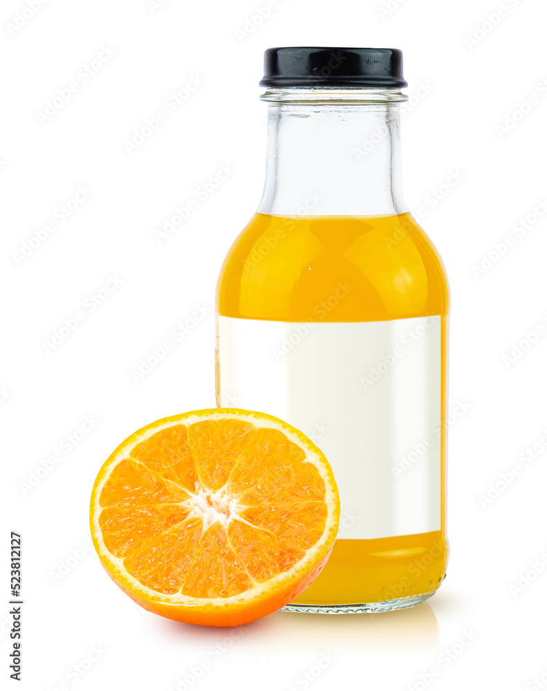 orange fruit and orange juice in bottle white glass and ice isolated on white background orange fruit and orange juice in bottle white glass and ice isolated on white background
