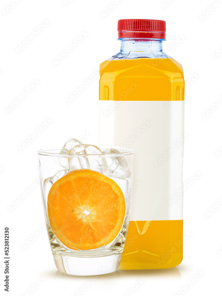 orange fruit and orange juice in bottle white glass and ice isolated on white background orange fruit and orange juice in bottle white glass and ice isolated on white background