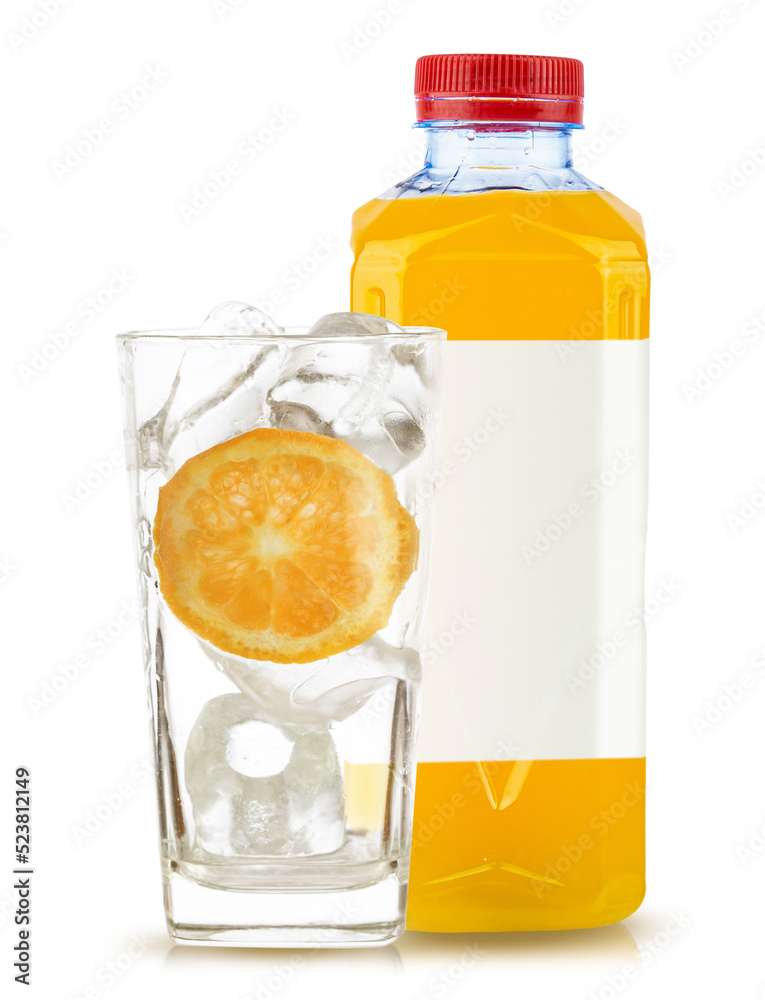 orange fruit and orange juice in bottle white glass and ice isolated on white background orange fruit and orange juice in bottle white glass and ice isolated on white background