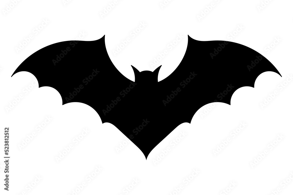 Bat icon. Black flat silhouette of bat. Vector illustration isolated on white background.