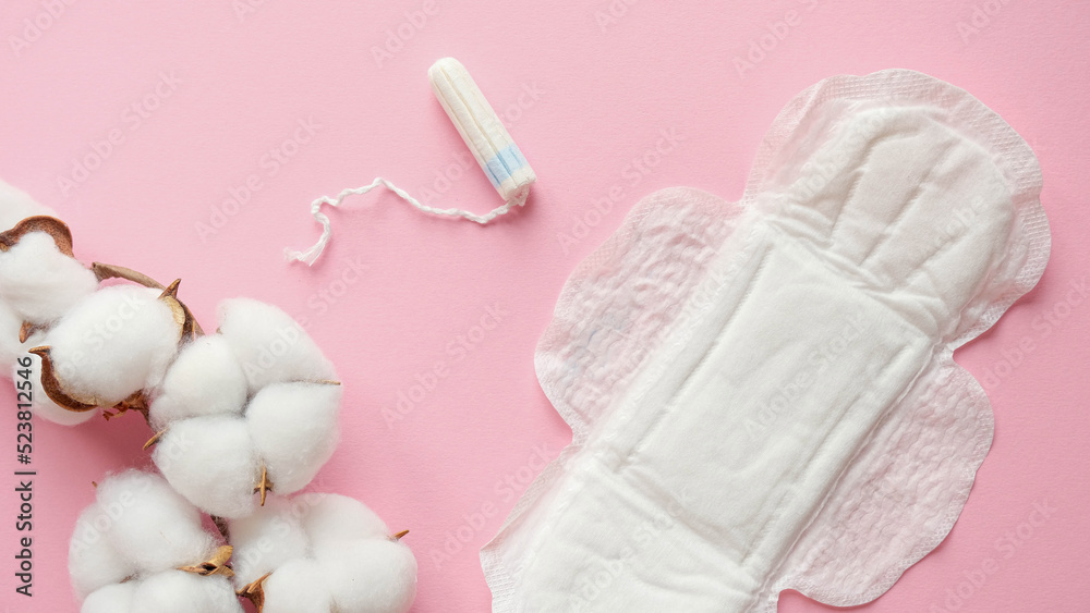 Composition with a branch of cotton, a tampon and a sanitary pad on a pink background. Period concept Composition with a branch of cotton, a tampon and a sanitary pad on a pink background. Period concept