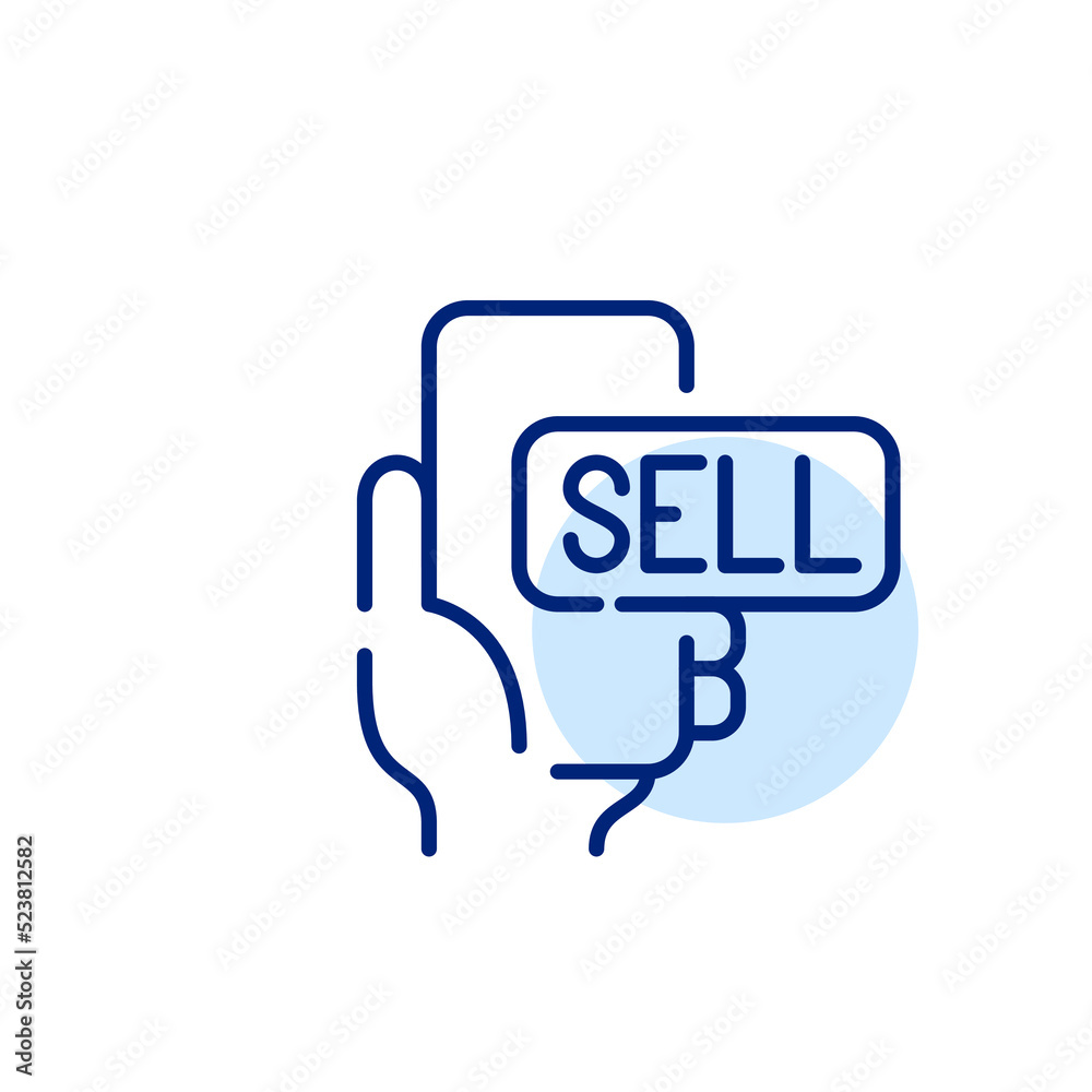 Hand holding smartphone with sell button. Pixel perfect, editable stroke line art icon
