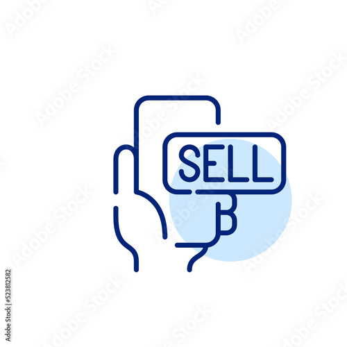 Hand holding smartphone with sell button. Pixel perfect, editable stroke line art icon