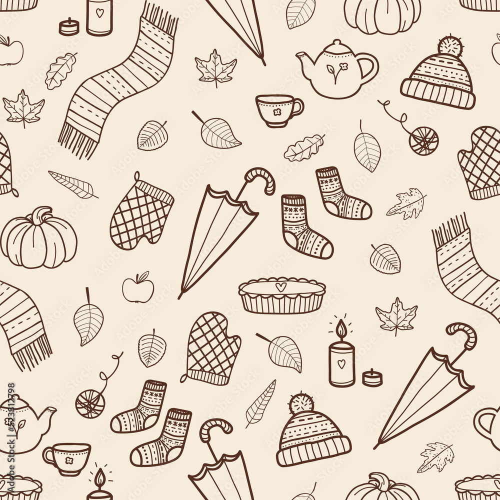 Cozy seamless pattern with autumn items pumpkin, umbrella, pie, scarf,  socks, leaves. For fall decoration, autumn fest invitations, fabric,  kitchen textile and cover print, gift and wrapping paper. Stock Vector