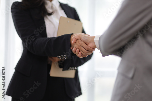 Handshake, Businesswoman's partner or colleague shakes hands after a successful business meeting.