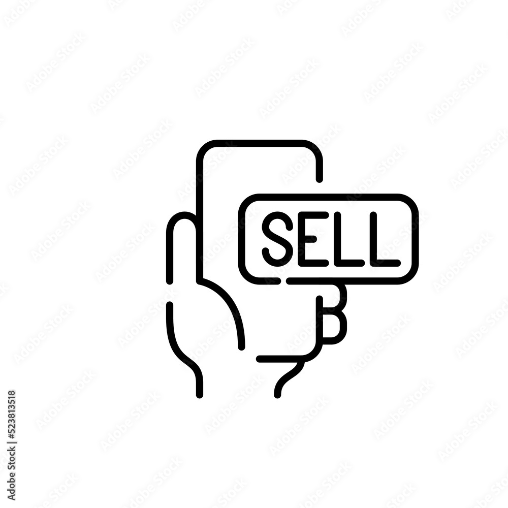 Hand holding smartphone with sell button. Pixel perfect, editable stroke line icon Hand holding smartphone with sell button. Pixel perfect, editable stroke line icon