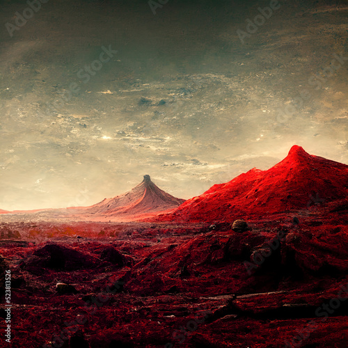 Landscape on the planet Mars, surface is a picturesque desert on red planet. Background of space game, cover, poster with red earth, mountains, stars, 3d artwork
