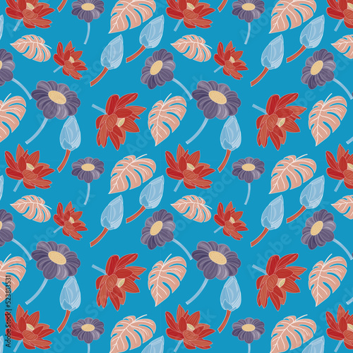 Seamless pattern of international orange golden gate bridge and Aero lotus  Purple navy sunflower and Dark salmon beautiful leaves on blue green color background. Used for gifts   textile design.
