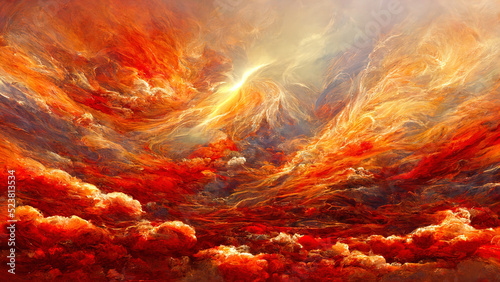 Fiery orange sunset sky. Colorful colors of dawn. Incredible beauty.A beautiful and colorful abstract nature background. Illustration 3d