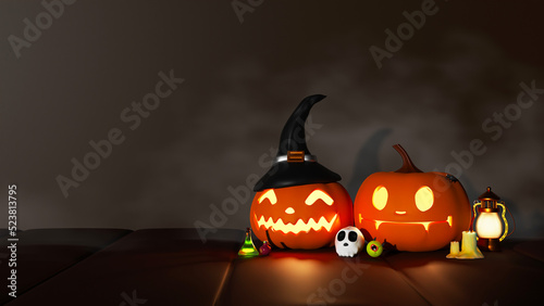 3D Render of Pumpkins, witch hat, human skull, evil eye and lantern on Dark Night Background with Space for your text.
