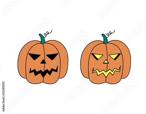 Halloween pumpkin lantern doodles set. Carved jack-o-lantern glowing and unlit. Halloween symbol isolated. Colored hand drawn vector illustration
