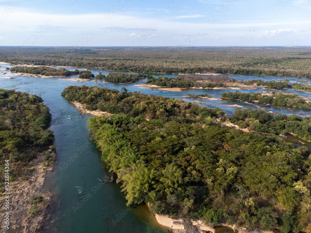 Brazil nature in long river surrounded by forest and river islands, Tocantins 