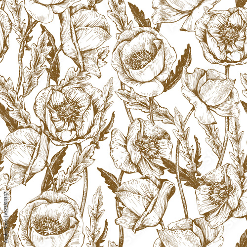 Seamless pattern with flowers. Illustration on a bright background. Design for textiles, souvenirs, fabrics, packaging and greeting cards and more.