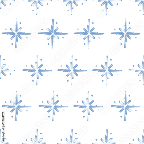 Seamless pattern with blue fantasy snowfkakes wth dots on white background Vector illustration in a simple flat style for wrapping paper, textile, fabric and packaging decoration 