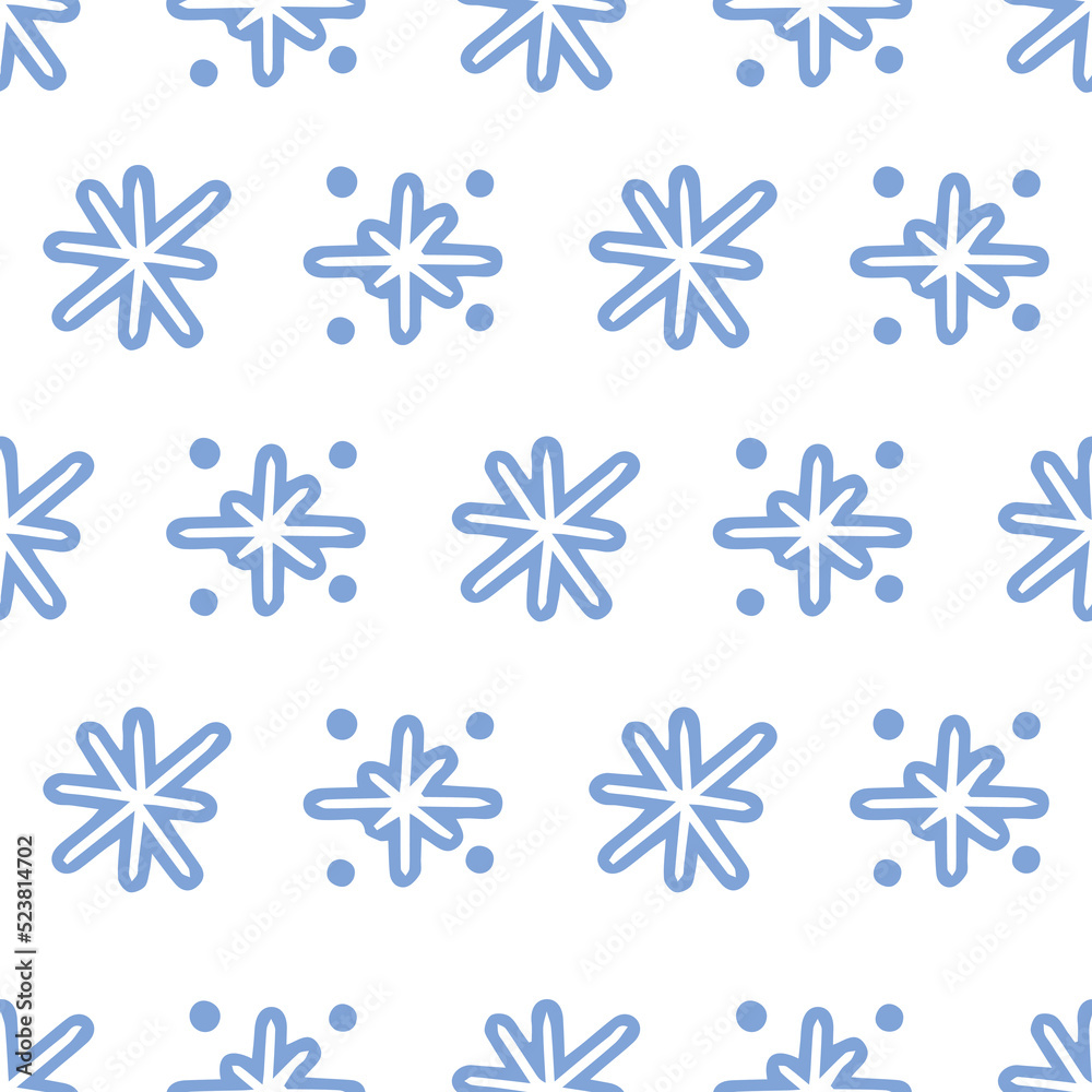 Seamless pattern with blue childish hand drawn snowfkakes wth dots on white background Vector illustration in a simple flat style for wrapping paper, textile, fabric and packaging decoration Seamless pattern with blue childish hand drawn snowfkakes wth dots on white background Vector illustration in a simple flat style for wrapping paper, textile, fabric and packaging decoration