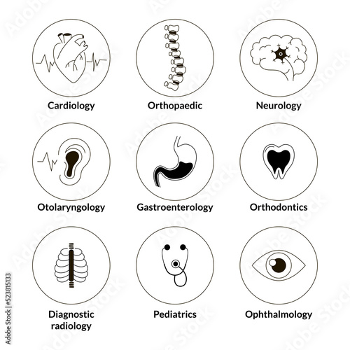 Medical specialties icon set in black and white style isolated on white background, design element