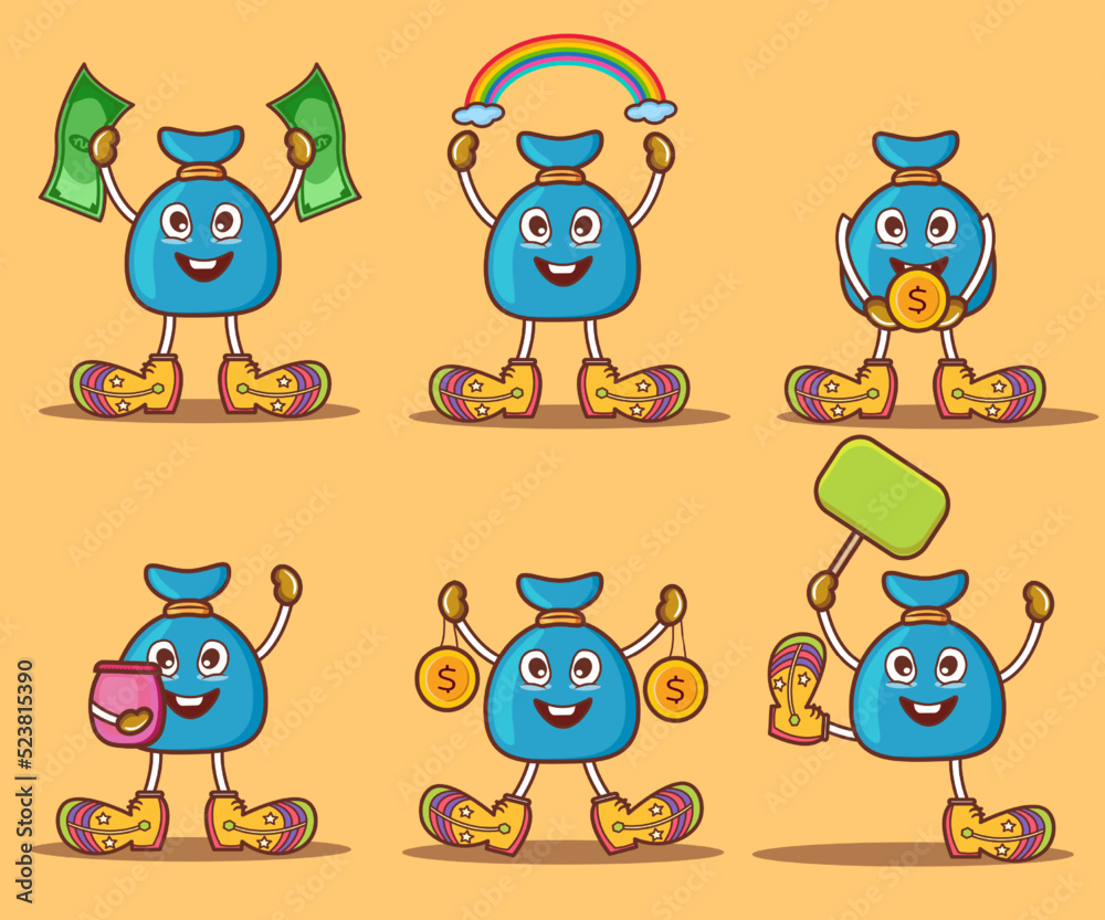 Obraz premium set of money bag character cartoon. Different expression for cute character vector illustration