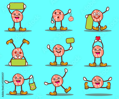 set of slice of meat as cartoon meat characters. Different expression for cute character vector illustration