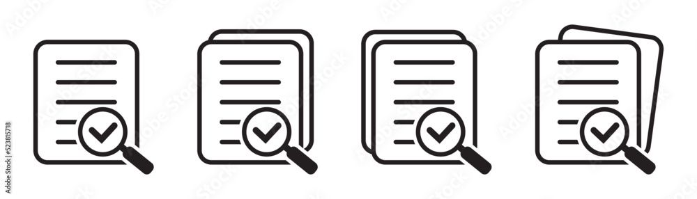 Magnifying glass check document icon. Papers with business report and magnifying glass. Process and examination concept icon vector. Magnifying glass check document icon. Papers with business report and magnifying glass. Process and examination concept icon vector.