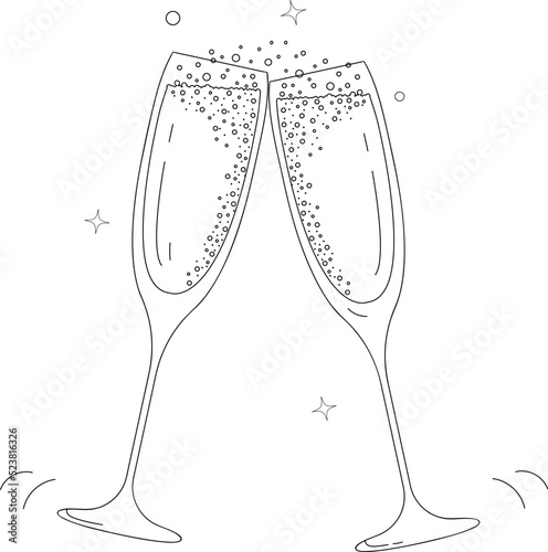 two glasses of champagne isolated on white in line art style фототапет