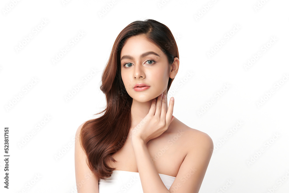 Beautiful young asian woman with clean fresh skin on white background, Face care, Facial treatment, Cosmetology, beauty and spa, Asian women portrait.