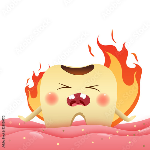 Cute cartoon with the tooth eats spicy food, causing burning sensation., children dentistry concept.  photo