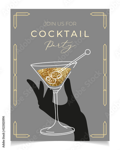 Outline illustration of woman's hand holding cocktail glass, vector. Invitation for party template. Line art martini glass. Art deco concept design. Event, party, presentation, promotion, menu.