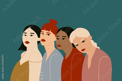 Women group together. Female characters different ethnicities, sisterhood feminist diversity concept. Vector graphic