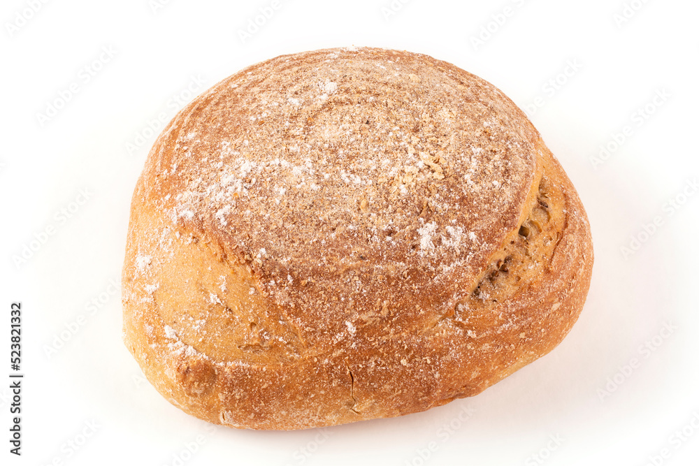 Round bread made of whole wheat flour with an appetizing crust on a white isolated background. Close-up. Bread without yeast, with sourdough. Proper nutrition. Template for the design. Round bread made of whole wheat flour with an appetizing crust on a white isolated background. Close-up. Bread without yeast, with sourdough. Proper nutrition. Template for the design.