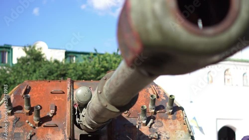 Kyiv, Ukraine 16 August 2022 
Close up tank muzzle on exhibition with Destroyed Russian Military Equipment at the Center of the citi during the war in Ukraine. Support Ukraine. Stop war in Ukraine photo