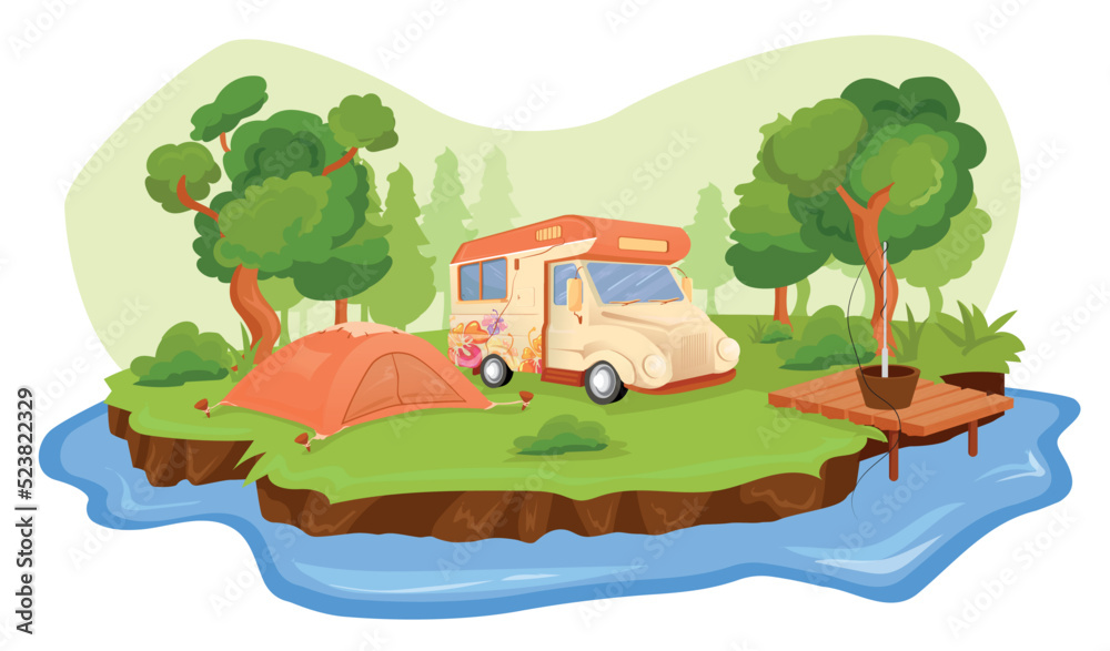 Campsite scene with camping tent, mountains, forest with big trees. Outdoor tourism scene, camp life concepts.