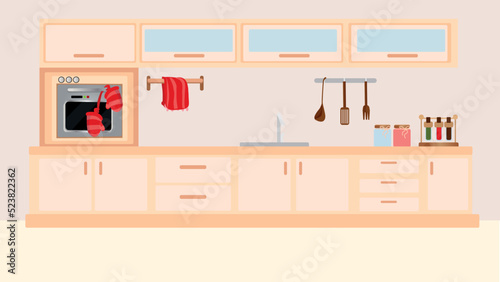 A large kitchen interior design in which simple and few colors are used. Concepts of kitchen design, simplicity, minimal use of items and minimalist images at home.
